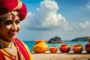 a woman in traditional indian attire smiles while holding a pot. AI-Generated photo