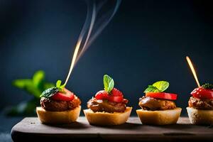 mini appetizers with candles on a wooden board. AI-Generated photo