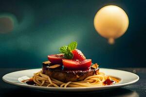 a plate with spaghetti and meat on top of a table. AI-Generated photo