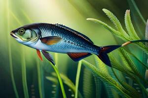 a fish in the grass with a green background. AI-Generated photo