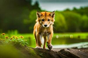 a young red fox standing on a log near a lake. AI-Generated photo