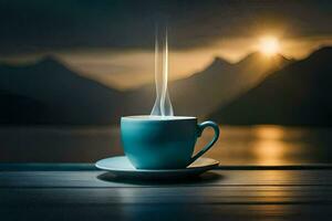 a cup of coffee on a table with mountains in the background. AI-Generated photo