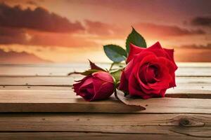 two red roses on a wooden table with sunset in the background. AI-Generated photo