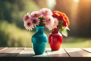 two colorful vases with flowers on a wooden table. AI-Generated photo