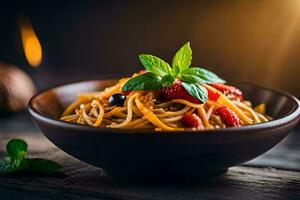 spaghetti with tomatoes and basil on a wooden table. AI-Generated photo