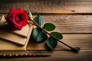 un rojo Rosa y libros en un de madera mesa. generado por ai foto