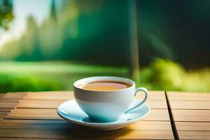 a cup of tea on a wooden table. AI-Generated photo