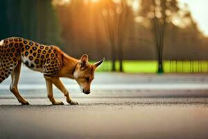 un leopardo es caminando a través de el la carretera. generado por ai foto