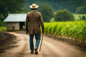 a man in a suit and hat walking down a dirt road. AI-Generated photo