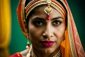 hermosa indio mujer en tradicional atuendo. generado por ai foto