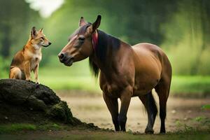 un caballo y un perro en pie siguiente a cada otro. generado por ai foto