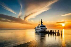 a yacht docked at the end of a dock at sunset. AI-Generated photo