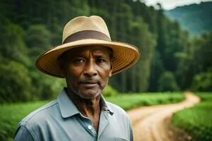 an african man wearing a hat stands in a field. AI-Generated photo