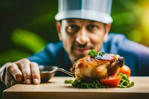 a chef holding a chicken on a cutting board. AI-Generated photo