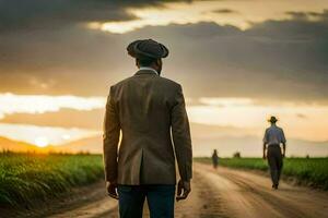 a man in a hat walks down a dirt road. AI-Generated photo