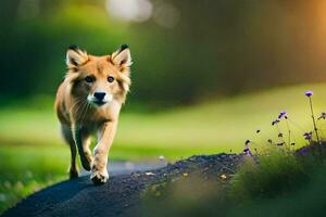 a fox walking on a path in the woods. AI-Generated photo