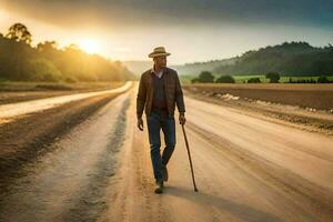 an elderly man walking on a dirt road at sunset. AI-Generated photo