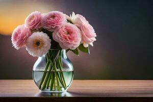 pink flowers in a vase on a table. AI-Generated photo