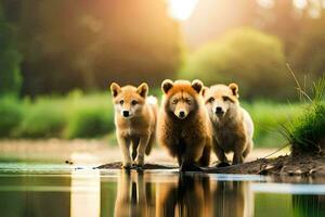 three puppies are standing in the water. AI-Generated photo