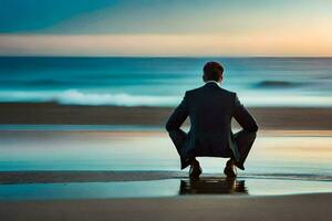 un hombre en un traje se sienta en el playa a puesta de sol. generado por ai foto