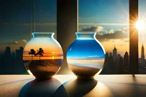 two vases with a beach and city in the background. AI-Generated photo