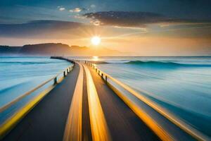 a long exposure photo of a pier with the sun setting over the ocean. AI-Generated