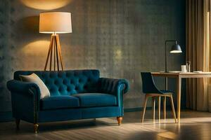 un azul sofá y silla en un habitación. generado por ai foto
