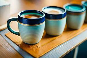 three coffee cups on a wooden tray. AI-Generated photo