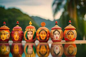 a row of colorful wooden dolls with faces. AI-Generated photo