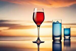 two glasses of wine and a blue drink on a table. AI-Generated photo