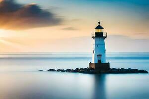 a lighthouse stands on a rock in the ocean. AI-Generated photo