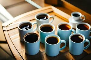 un bandeja de café tazas en un mesa. generado por ai foto