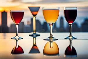 four glasses of wine are lined up on a table. AI-Generated photo
