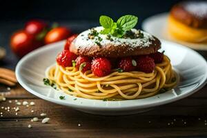 spaghetti with raspberries and mint on a plate. AI-Generated photo