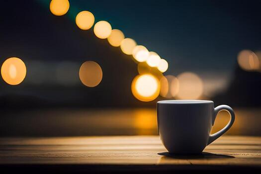 un café taza se sienta en un mesa en frente de un bokeh antecedentes. generado por ai foto