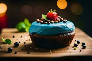 blue cupcake with strawberries and chocolate on a wooden table. AI-Generated photo