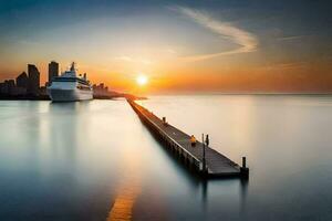 a cruise ship docked at the end of a pier. AI-Generated photo