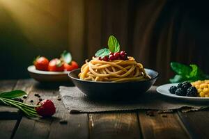 spaghetti with berries and herbs on a wooden table. AI-Generated photo