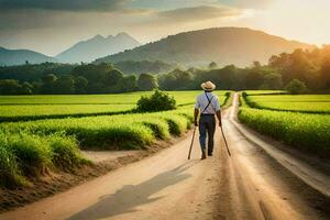 a man walking on a dirt road in the middle of a field. AI-Generated photo