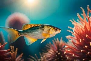 un pescado nadando en el Oceano con un anémona. generado por ai foto