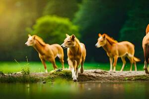 four horses walking along a river in the forest. AI-Generated photo