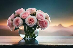 pink roses in a vase on a table. AI-Generated photo