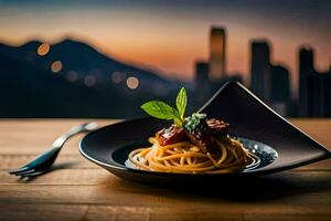 a plate of spaghetti with a view of the city. AI-Generated photo