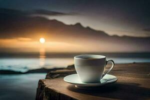 café taza, el mar, amanecer, el montañas, el cielo, el océano, el. generado por ai foto