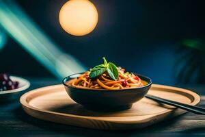 a bowl of pasta with tomatoes and basil leaves on a wooden table. AI-Generated photo