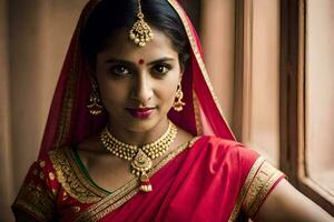 a beautiful indian woman in a red sari. AI-Generated photo