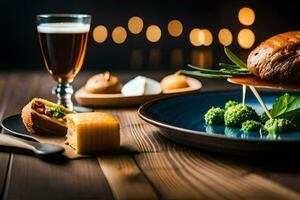 un plato con queso, un pan y cerveza en un de madera mesa. generado por ai foto