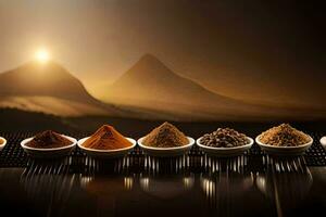 spices in bowls on a table with mountains in the background. AI-Generated photo