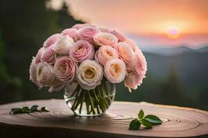 pink roses in a vase on a table with a sunset in the background. AI-Generated photo