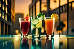 three glasses of different drinks on a table. AI-Generated photo